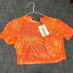 Missguided mesh short sleeve top cover up in orange tie dye